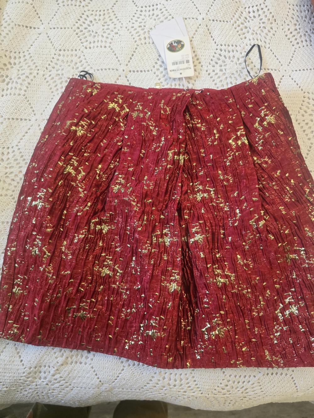 FRNCH Burgundy Mini Skirt with Gold Foil Detail
